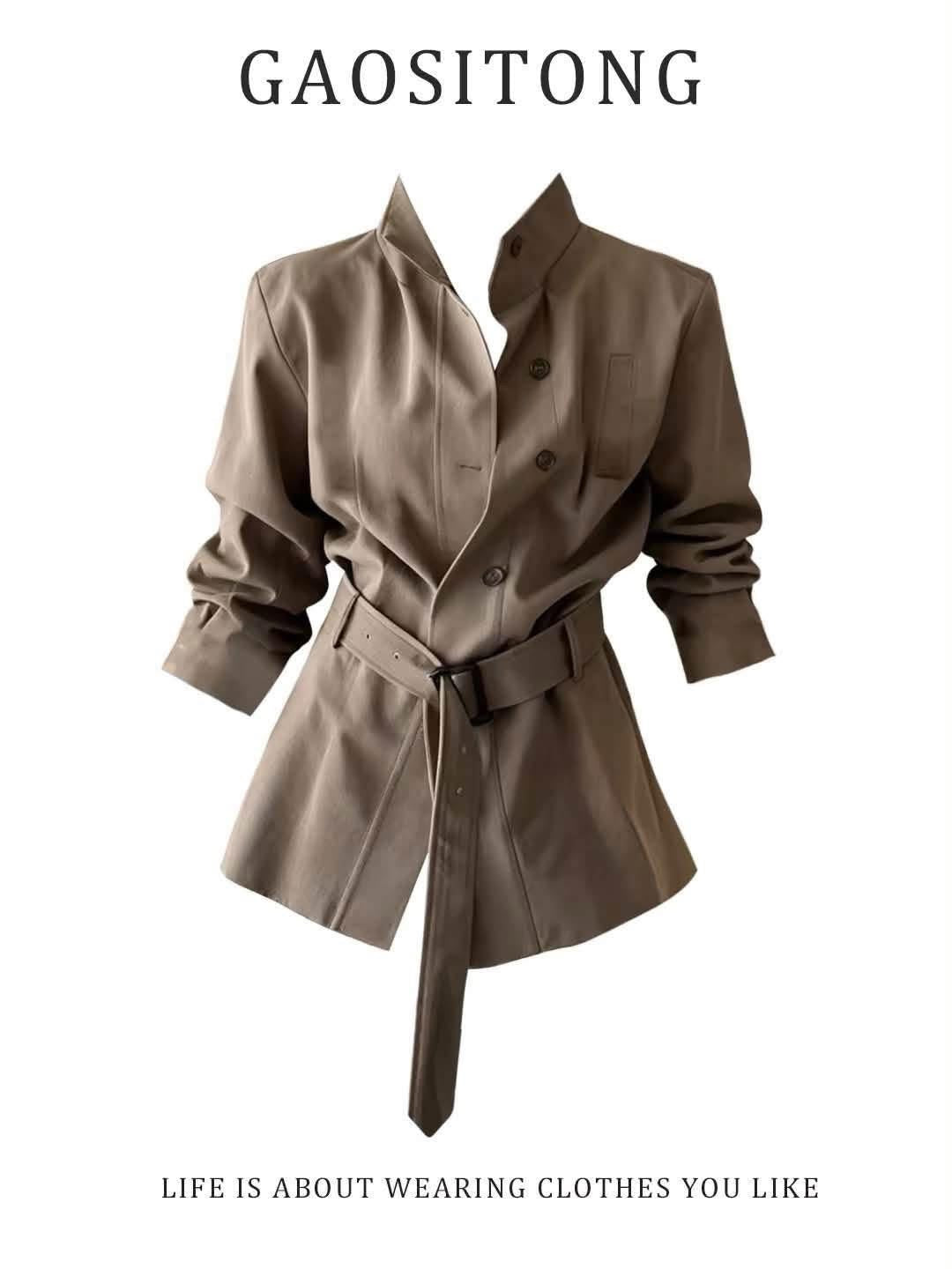 GAOSITONG Women's French-style vintage stand-collar oversized trench coat (Early Autumn 2026) – single-breasted design.
