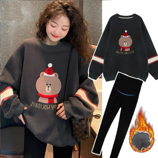 Maternity Autumn Wear Set 2023 Fashion Internet Celebrity Plus Velvet Thickened Bear Top Pregnancy Large Size Sweatshirt Two-piece Set