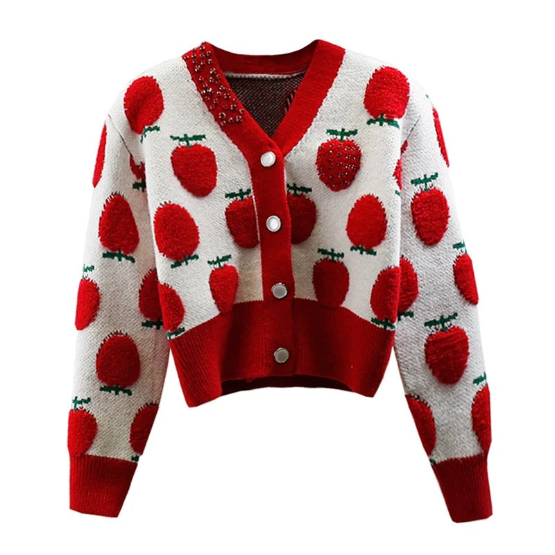 Heavy industry red diamond-encrusted cute strawberry jacquard craft color-blocked thickened short sweater with temperament and age-reducing slimming top