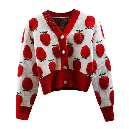 Heavy industry red diamond-encrusted cute strawberry jacquard craft color-blocked thickened short sweater with temperament and age-reducing slimming top