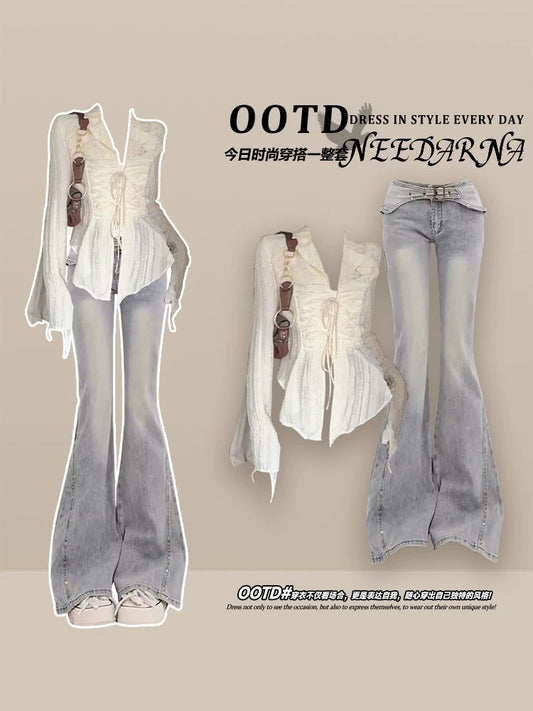 Korean drama outfit three-piece suit early spring sexy hot girl shirt early spring 2025 super hot cool drag sister denim suit pants