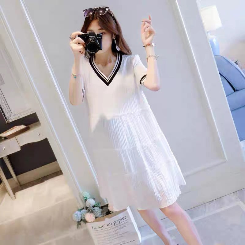 Maternity summer skirt summer fashion thin ice silk skirt chiffon late v-neck white pregnant mother dress