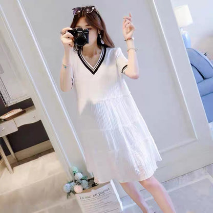 Maternity summer skirt summer fashion thin ice silk skirt chiffon late v-neck white pregnant mother dress