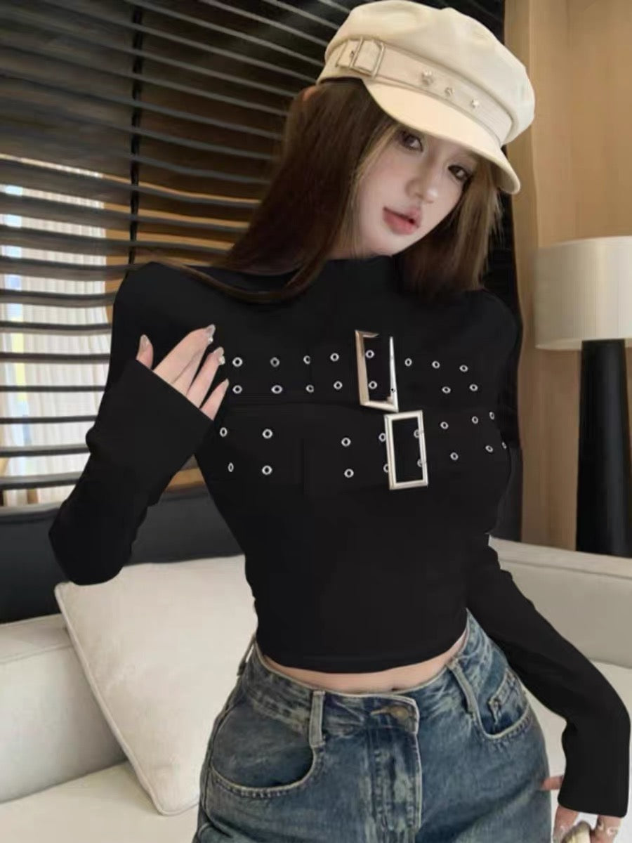 Functional style cool hot girl half-high collar metal button long-sleeved bottoming shirt for women retro high-end tight slimming top