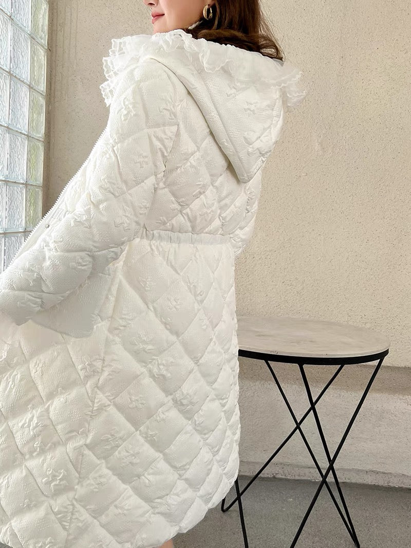 Nori's gentle and super fairy French lace ruffled silver silk cotton coat waist hooded down cotton coat mid-length