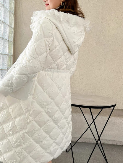 Nori's gentle and super fairy French lace ruffled silver silk cotton coat waist hooded down cotton coat mid-length