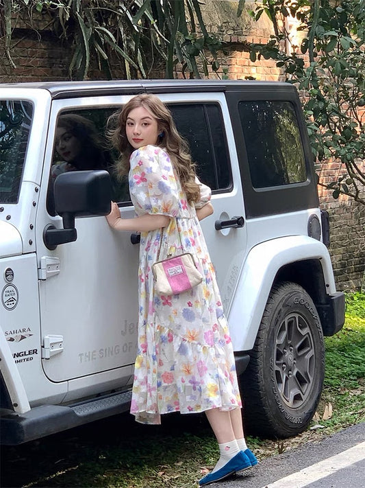 JC Vintage Store "Shimmer Galaxy" French retro floral dress women's summer vacation style puff sleeve long dress D379