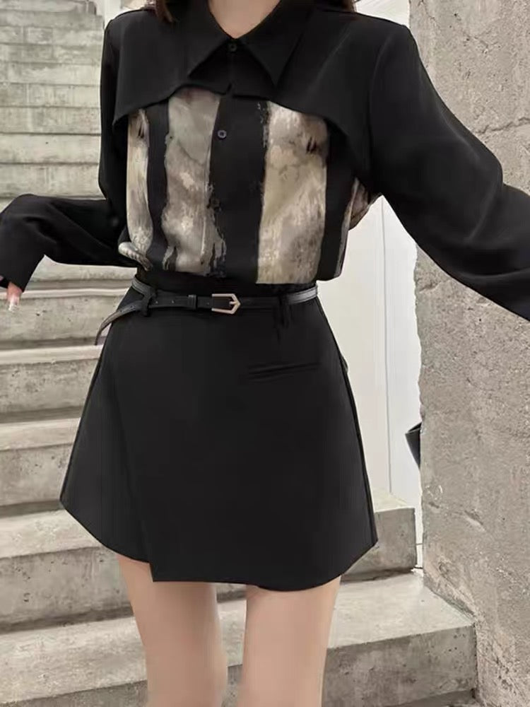 Royal sister style suit for women 2023 new autumn design tie-dye patchwork shirt + irregular skirt