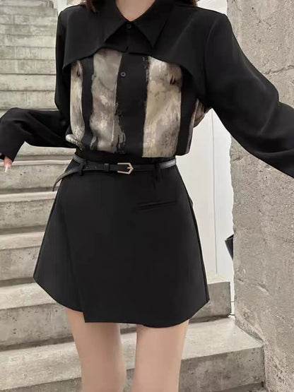 Royal sister style suit for women 2023 new autumn design tie-dye patchwork shirt + irregular skirt