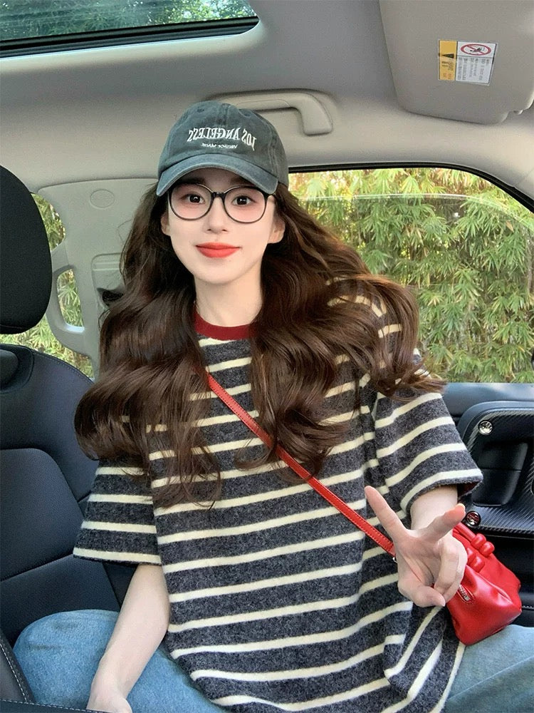 Striped brushed short-sleeved T-shirt for women 2025 new spring and summer design contrast color lazy style loose casual tops