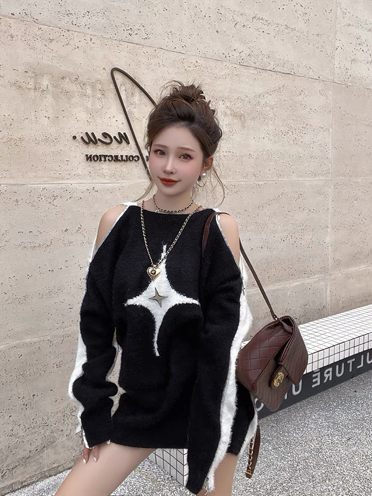 Xiao P Clothes Station mid-length lazy style sweater for women in autumn and winter high-end zipper color-blocked pullover sweater top (T0945)