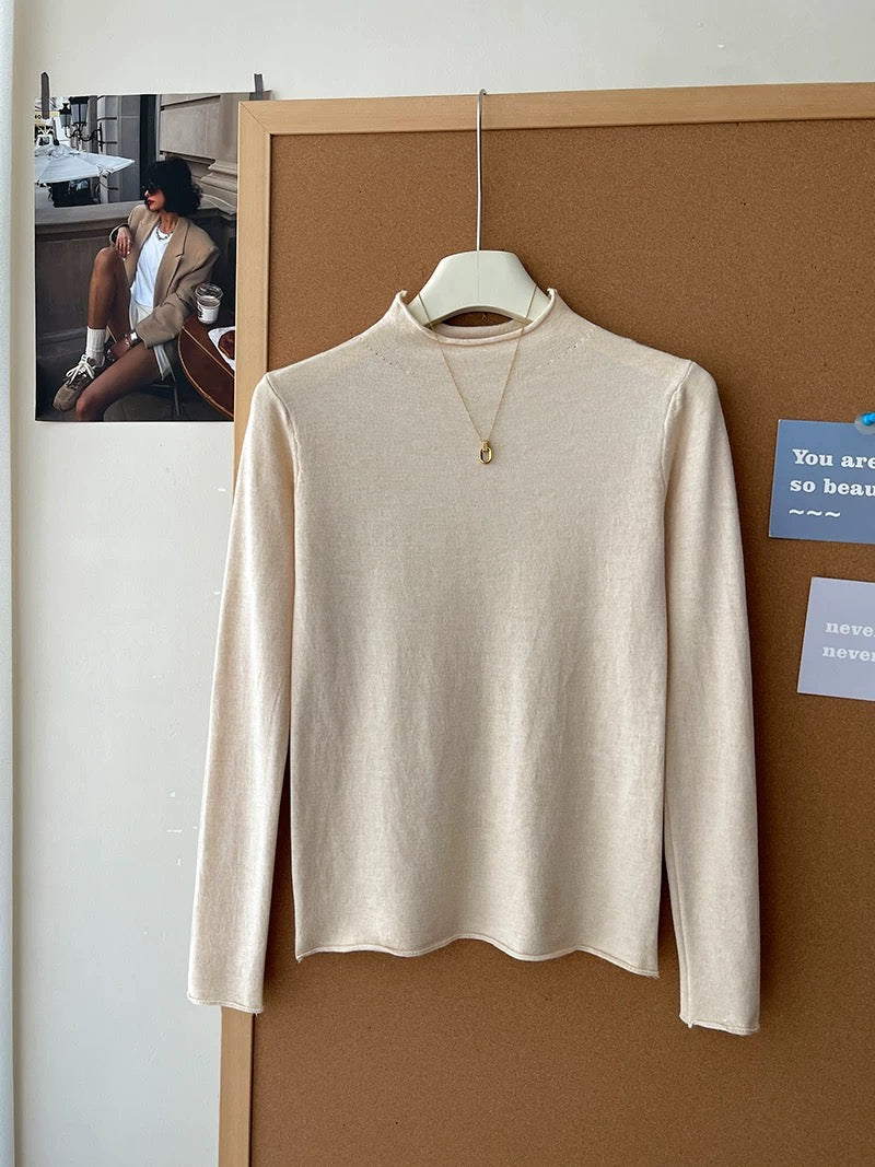 Retro soft and sticky cashmere rolled-edge turtleneck knit sweater for women, autumn and winter, gentle and versatile layering base layer top.