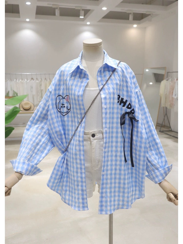 Breathable bow back cartoon lamb 2024 summer loose medium and long plaid thin long-sleeved shirt for women