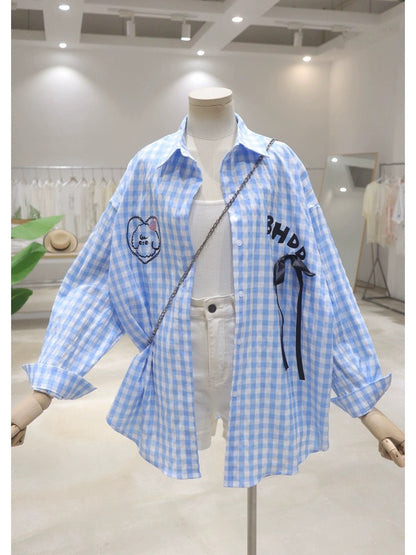 Breathable bow back cartoon lamb 2024 summer loose medium and long plaid thin long-sleeved shirt for women
