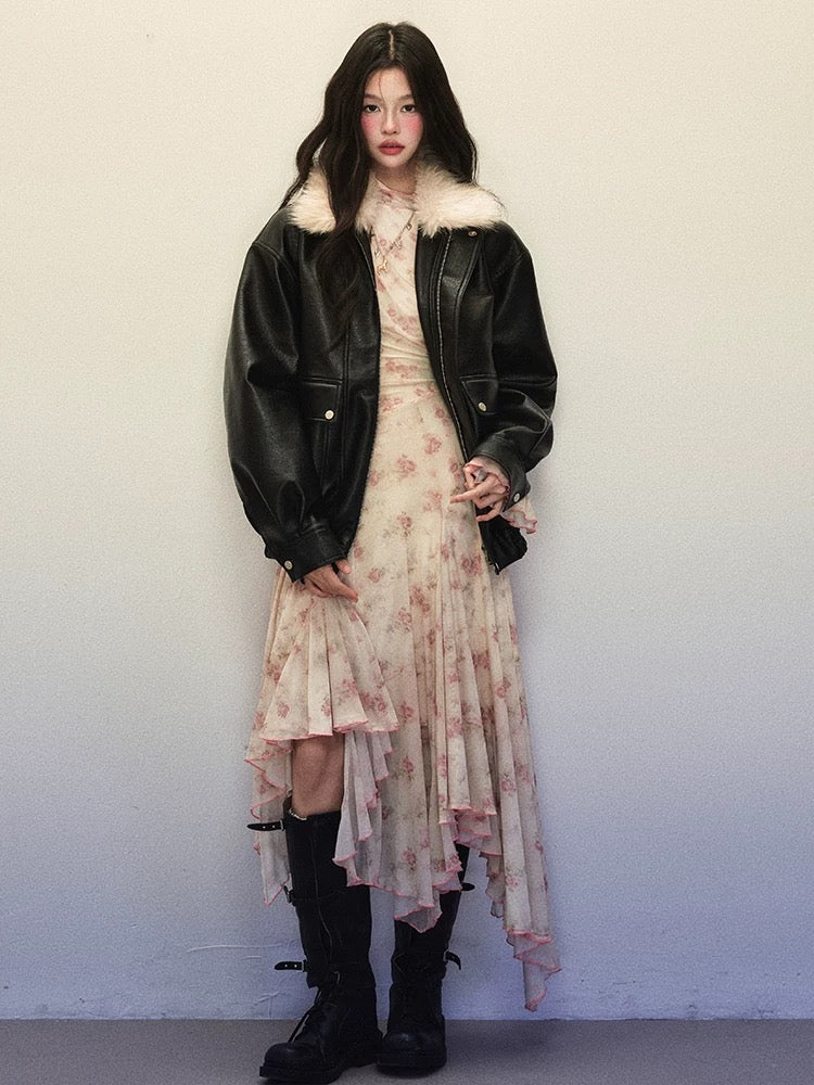 1P STUDIO Rose print small high collar trumpet sleeve dress women's autumn and winter irregular hem bottoming long skirt