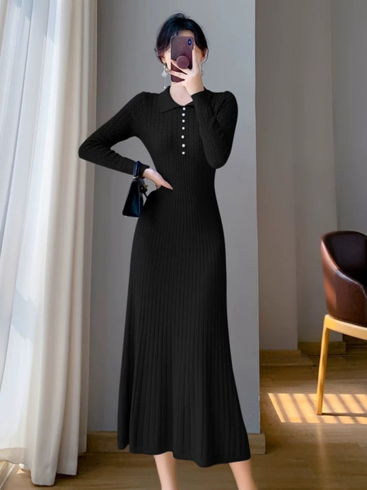 French waist slimming knitted dress for women in autumn and winter with coat base and A-line lapel long sweater dress