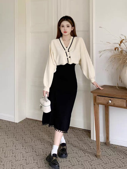 Autumn and winter Korean style outfits 2023 new national style girls new Chinese style knitted sweater + suspender dress (S0973)