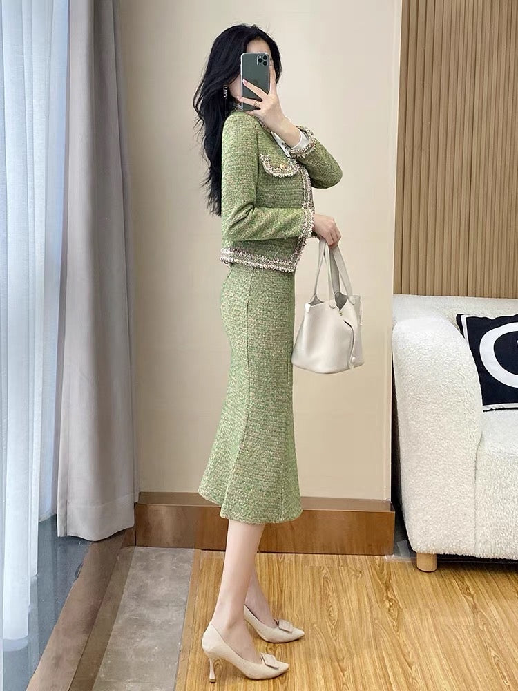 Xiaoxiang style powerful women's clothing suit celebrity temperament fashion high-end sense mid-length fishtail bag hip two-piece set