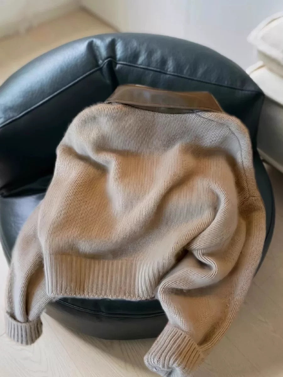 European goods high-grade leather POLO collar stitching knitted cardigan double-head zipper lazy style raccoon fleece sweater jacket for women