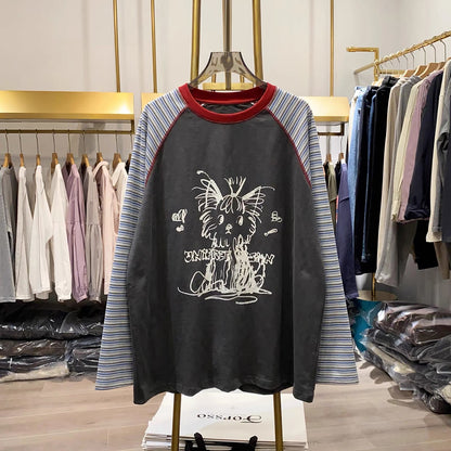 [Real-life shot from Xiao Ai's shop] "Messy-style puppy" graphic raglan-sleeve striped long-sleeve T-shirt – a stylish, youthful, and versatile top (Autumn 2026)
