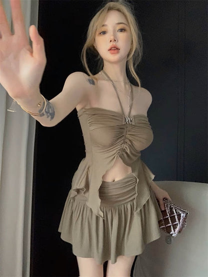 Fried street suit female summer pure desire babes sexy halter neck tube top suspender top + pleated skirt two-piece set