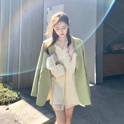 Small internet celebrity wear lapel long sleeve design green this year's popular beautiful suit jacket for women in autumn and winter (V023)