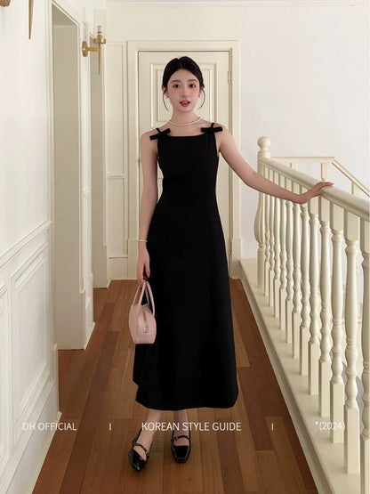 DH OFFICIAL Big Flower [Miss] Design Butterfly Suspender Little Black Dress Female Korean Lady Temperament Dress