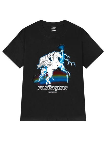 Heavy cotton trendy short-sleeved T-shirt for men and women summer 2024 new lightning unicorn print loose short-sleeved T-shirt