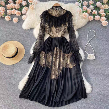 2022 Spring Korean Style Lantern Sleeve Waist Mesh Lace Hollow Splicing Fairy Dress Design Pleated Skirt (D0984)