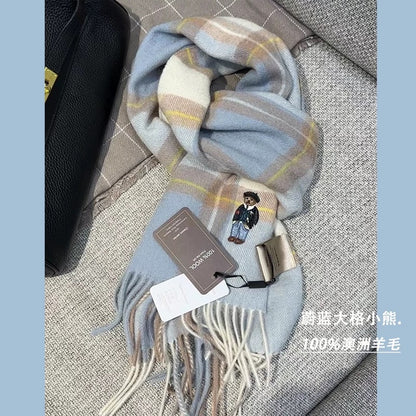 UK limited edition bear 100% Australian wool scarf retro British style men and women couple plaid thick winter