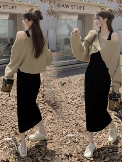 Maternity autumn and winter clothing set, fashionable sweater blouse, fashionable suspender dress, fashionable slimming knitted two-piece set for women