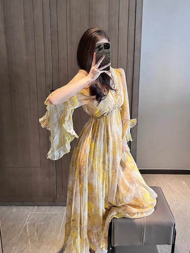 Yellow floral seaside vacation long-sleeved dress for women summer long skirt French chiffon high-end skirt fairy skirt