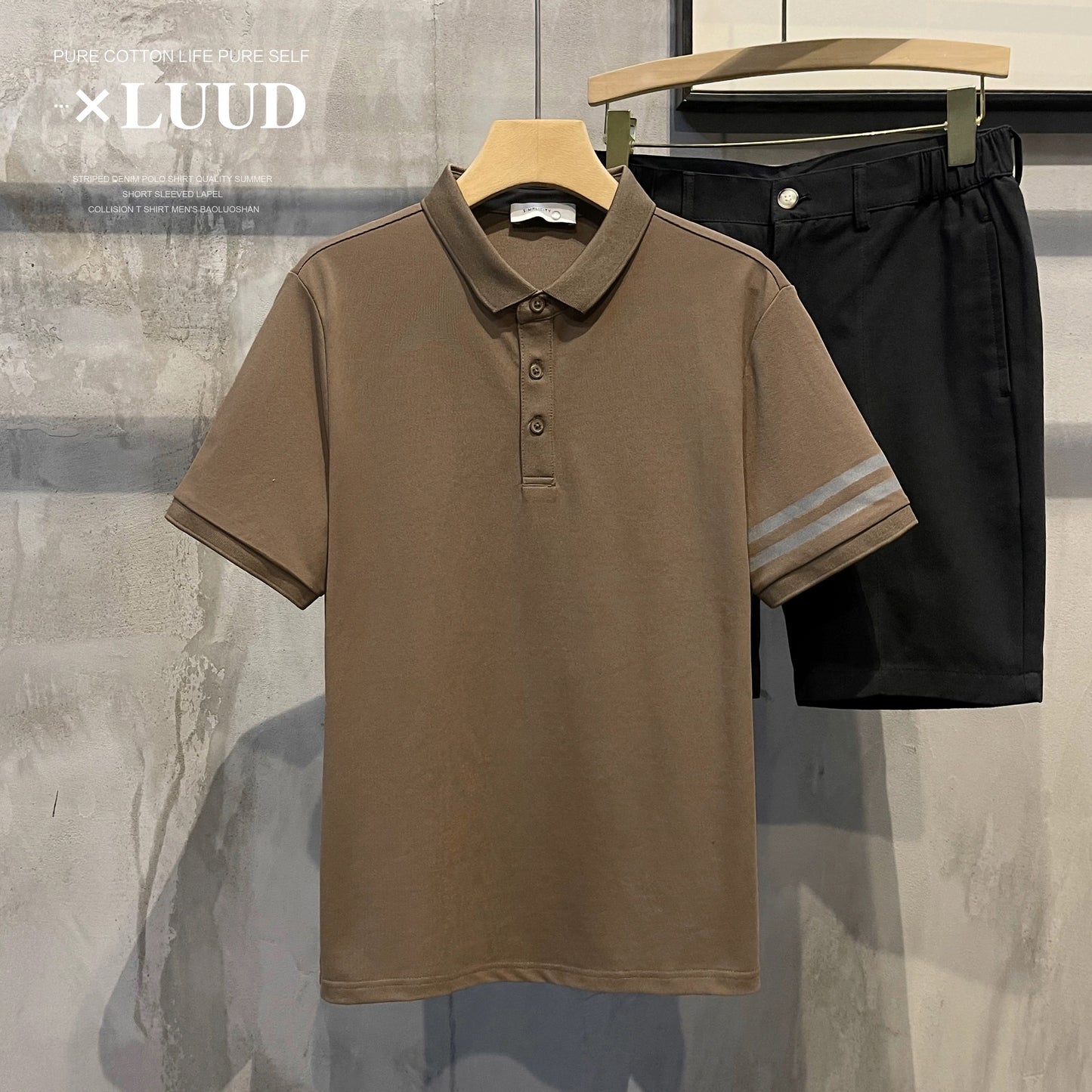 LUUD simple two-bar men's lapel polo shirt summer retro short-sleeved slim Paul casual top trend