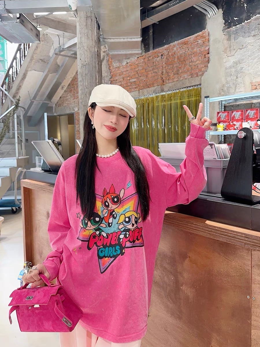 Thebestxue American loose pink Powerpuff Sheriff sleeve sweatshirt women's 2023 new popular jacket