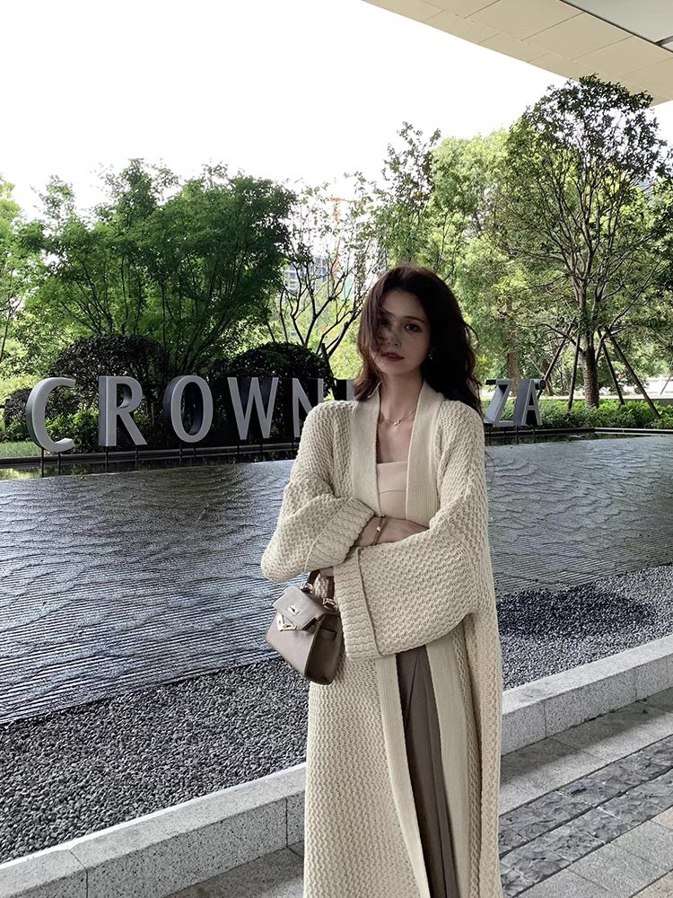 Lin Yan'er knitted cardigan windbreaker for women early autumn 2023 new loose lazy style mid-length sweater jacket (C183)