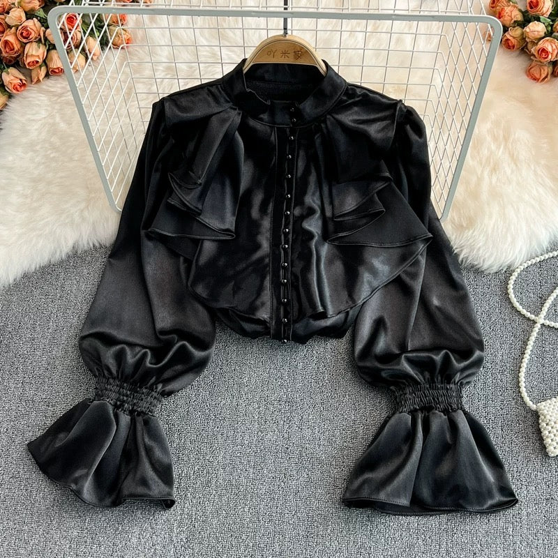 Palace-style retro temperament bell-sleeved stand-up collar acetate satin shirt French design foreign style loose top for women