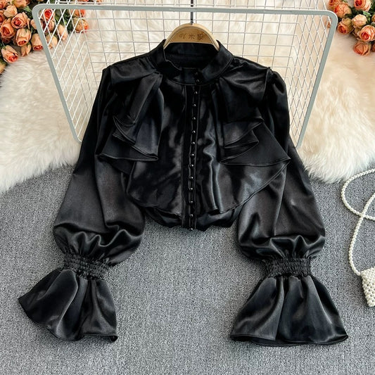 Palace-style retro temperament bell-sleeved stand-up collar acetate satin shirt French design foreign style loose top for women
