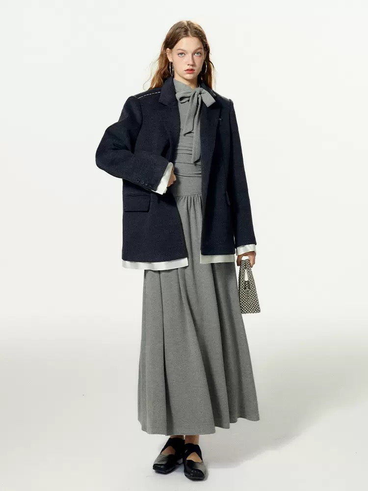 BOHOL BLING mint is not cool, off-shoulder pleated slim long-sleeved A-line long bottoming dress for women in autumn and winter