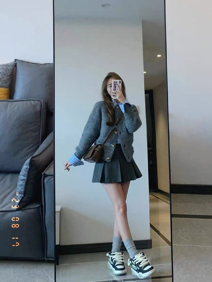 Milk lazy sweater coat knitted cardigan shirt skirt three-piece suit small fragrance fashion small man autumn and winter