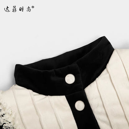 Winter women's clothing 2023 new contrast color stand collar waist mid-length down jacket black thickened white duck down trendy