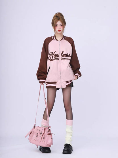 American retro high street raglan sleeves spliced pink suede baseball jacket women's spring and autumn loose heavyweight jacket A3346