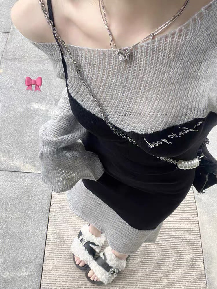 French babes fake two-piece knitted dress women's spring and autumn temperament high-end sexy waist pure desire long skirt