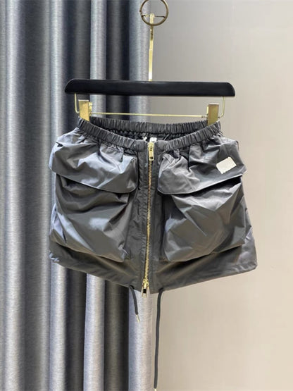American thin section large pocket zipper tooling skirt women's summer elastic waist casual drawstring age-reducing A-line skirt