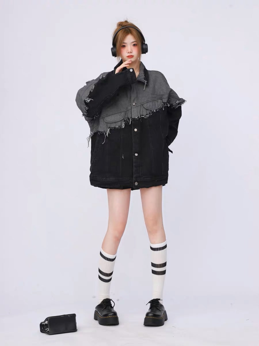 American retro spring and autumn spliced black denim jacket for women with high-end sense 2023 new loose niche design A3351