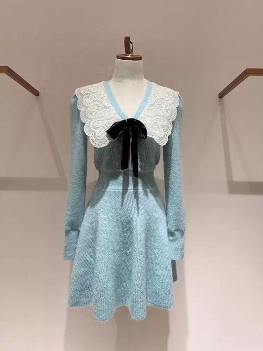 Buyer store design small fragrant knitted dress women's autumn and winter new style doll collar bow waist small skirt T9793