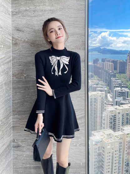 Autumn clothing 2023 new French black sweater skirt little black skirt autumn high-end knitted dress women autumn and winter T2352