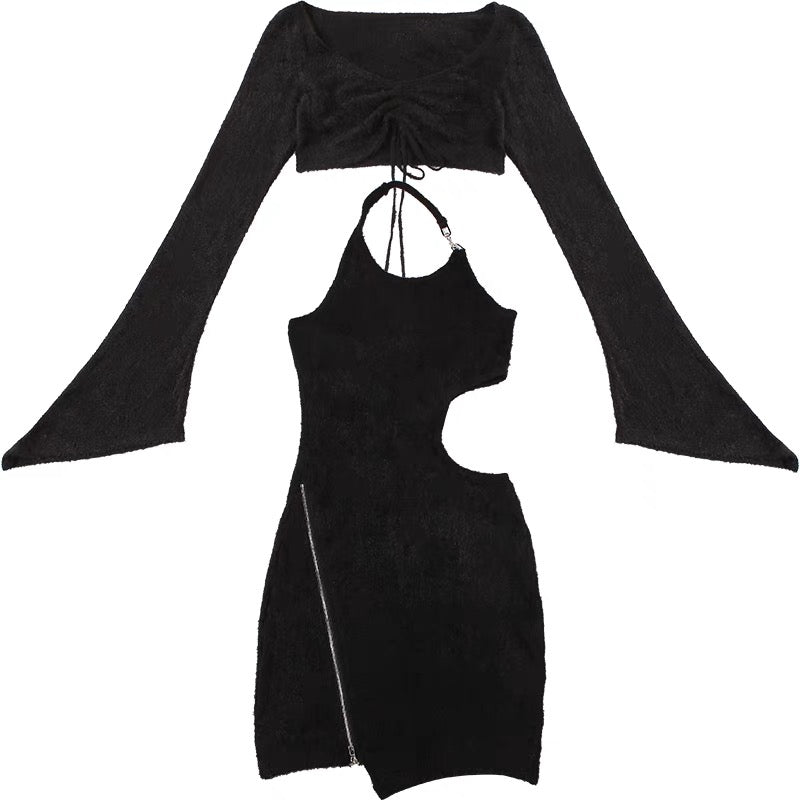 SylCue Cool Hot Girl Style Sexy Long Sleeve Dress Women's Waist Hollow Design Zipper Slim Fit Hip Skirt