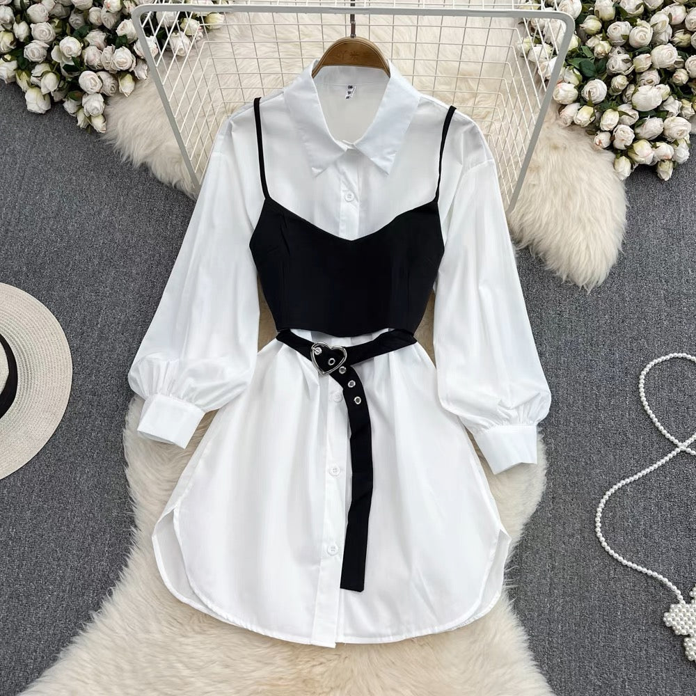 2023 new autumn style retro Hong Kong style waist slimming white shirt dress two-piece camisole set
