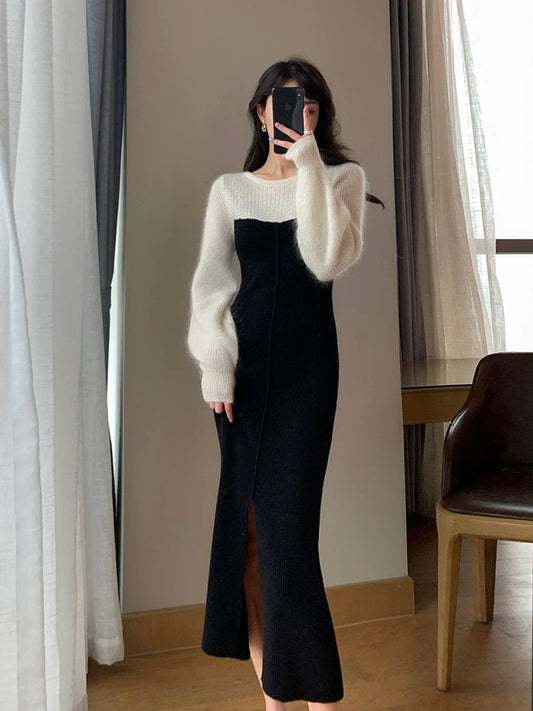 FT GUOGE black knitted dress for women 2023 autumn and winter new French slim Hepburn style inner skirt