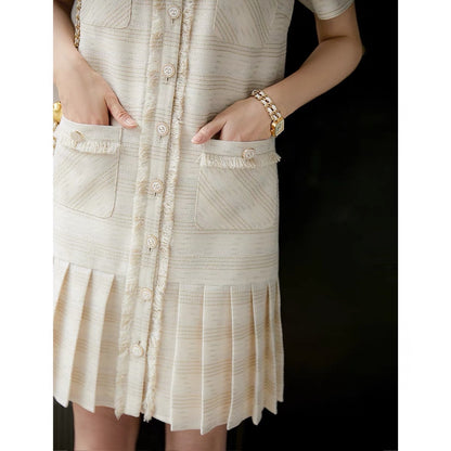 [QZA663804MG] Xiaohan V-neck elegant French retro striped twisted heddle craft small fragrant dress